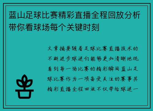 蓝山足球比赛精彩直播全程回放分析带你看球场每个关键时刻
